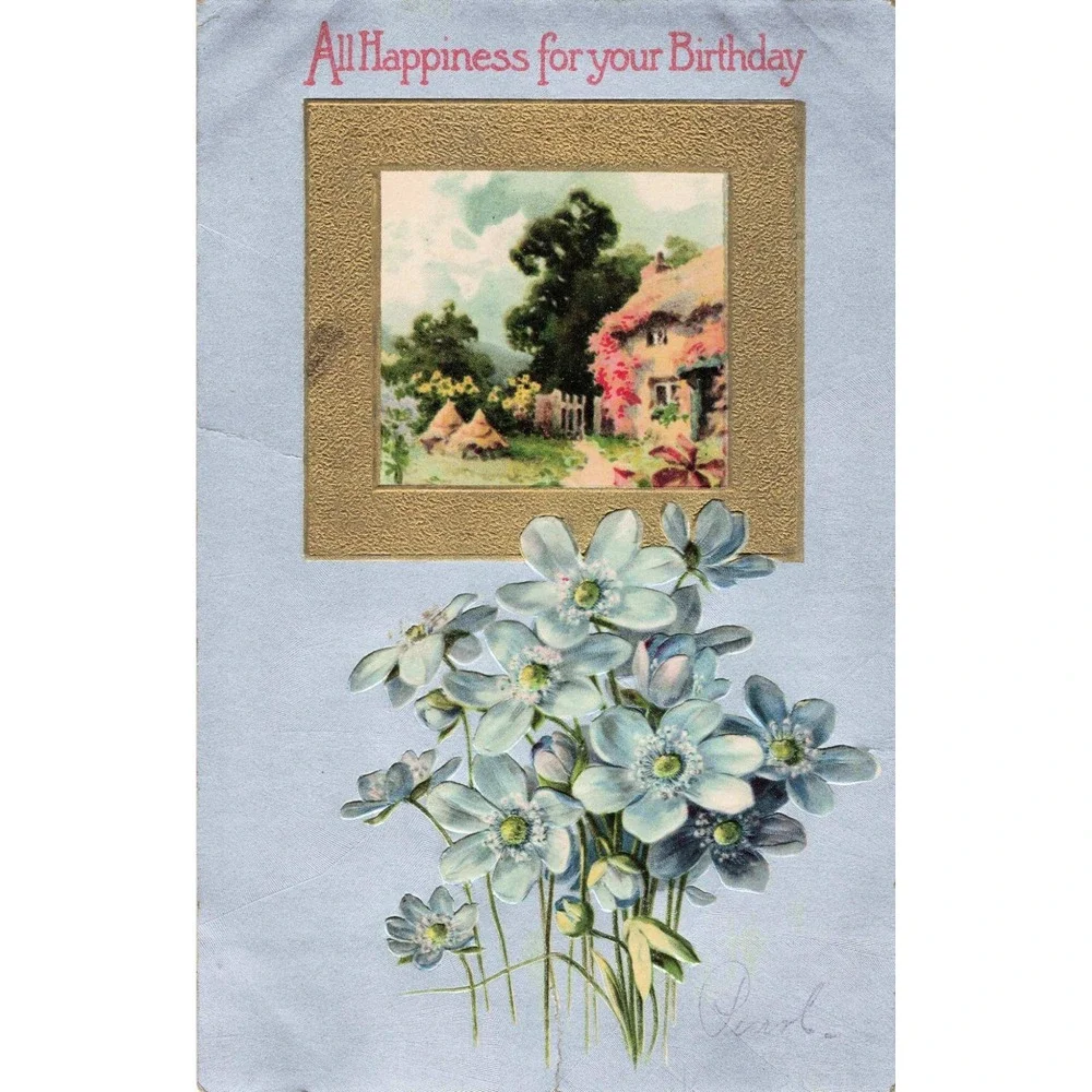 Vintage Birthday Postcard Embossed Blue Flowers Cottage Scene Printed in Germany